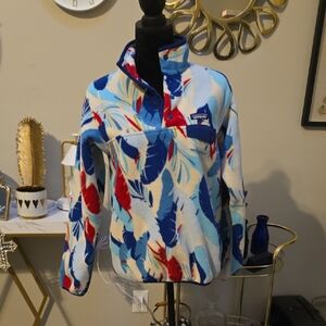 Patagonia Women’s Blue, Red & Cream Feather-Print Fleece Pullover